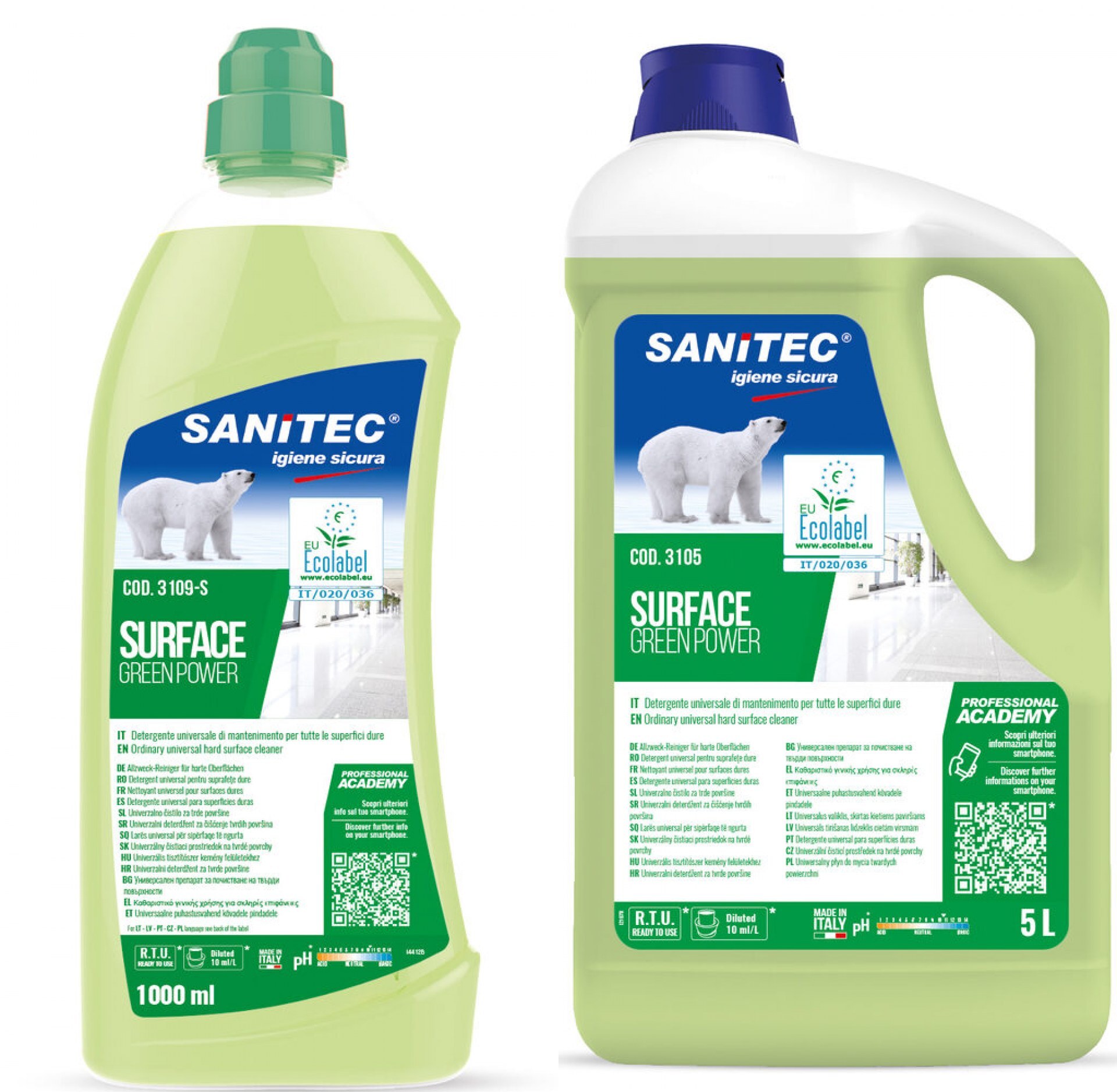 Detergente universale di mantenimento per tutte le superfici dure SANITEC -  SURFACE GREEN POWER formato 1000 ml / 5 L (fine serie)