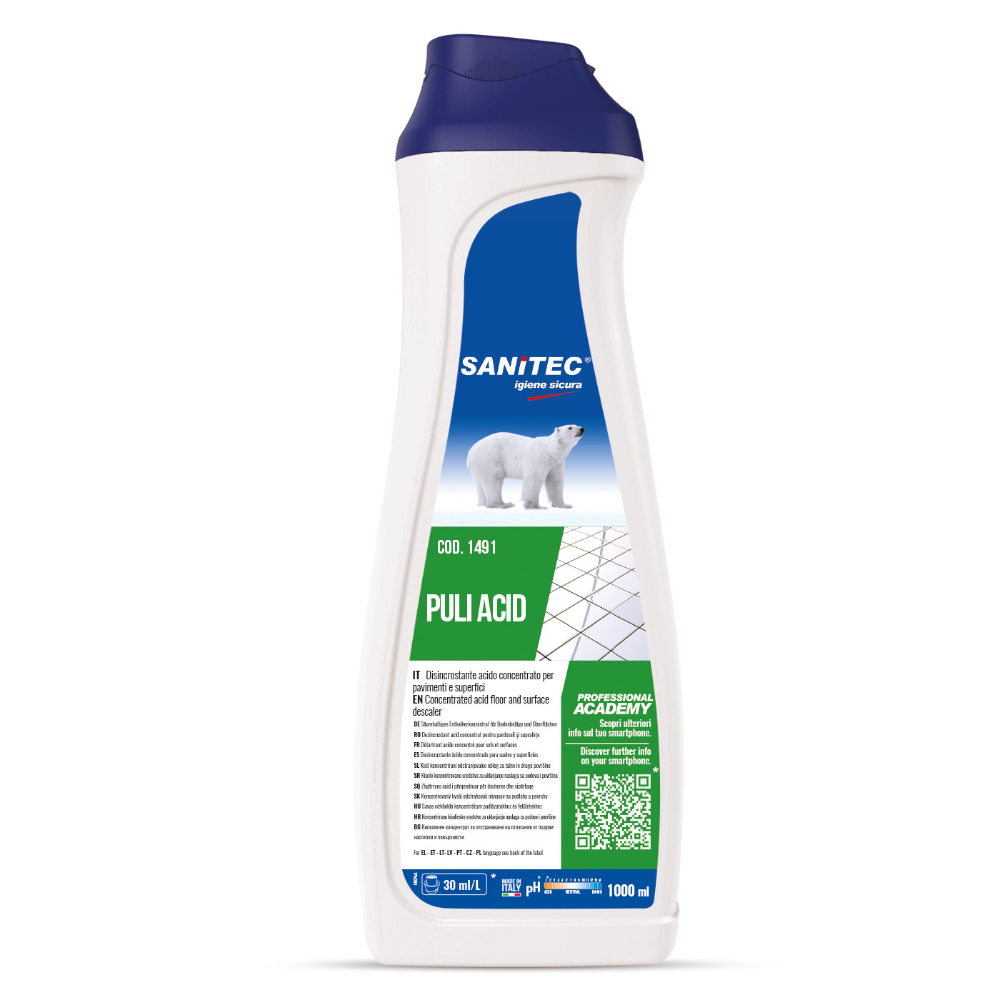 Detergente disincrostante concentrato con acido fosforico SANITEC - PULI  ACID formato 1000 ml (fine serie)